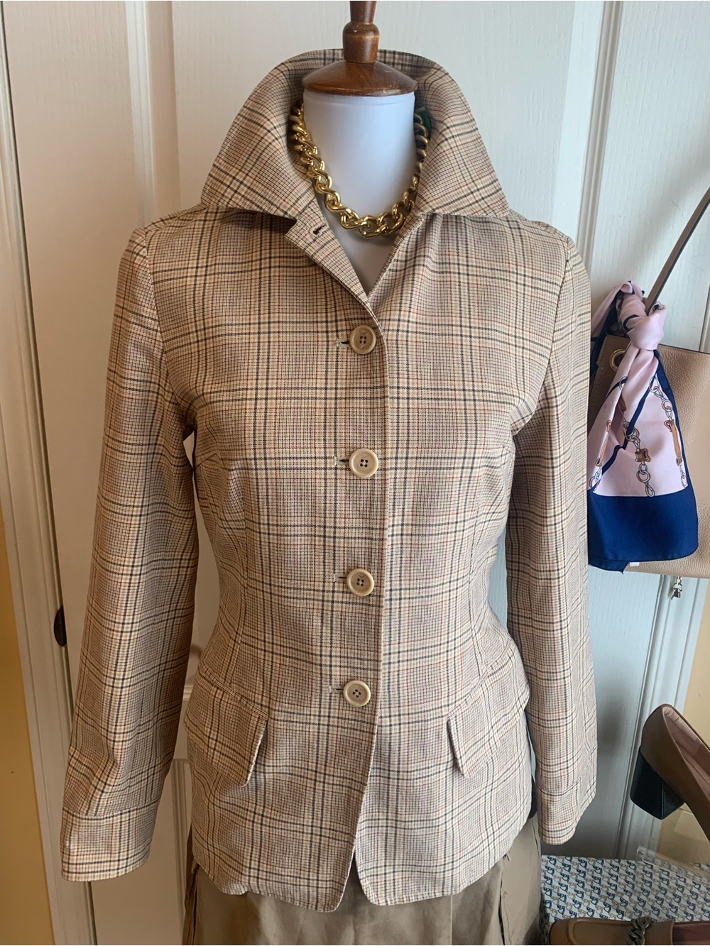 FAÇONNABLE  Equestrian Beige Plaid fitted Blazer jacket